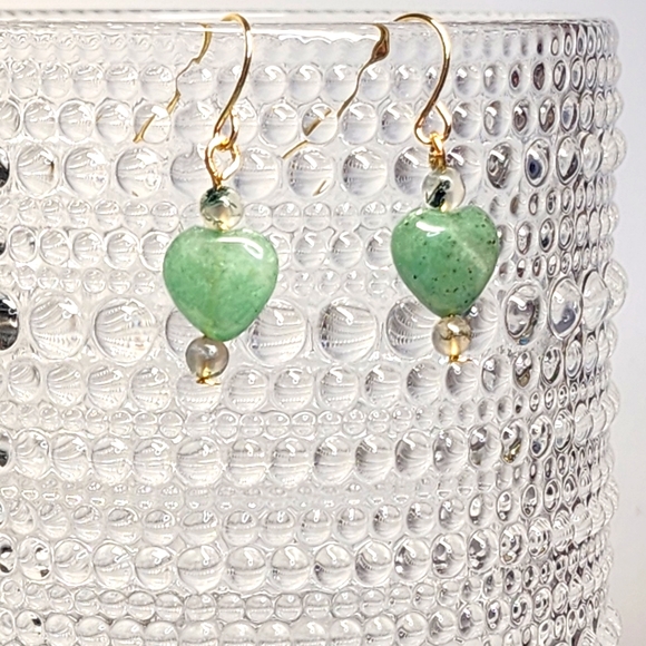 Handmade Green Adventurine Heart Moss Agate Dangle Earrings - Picture 3 of 5